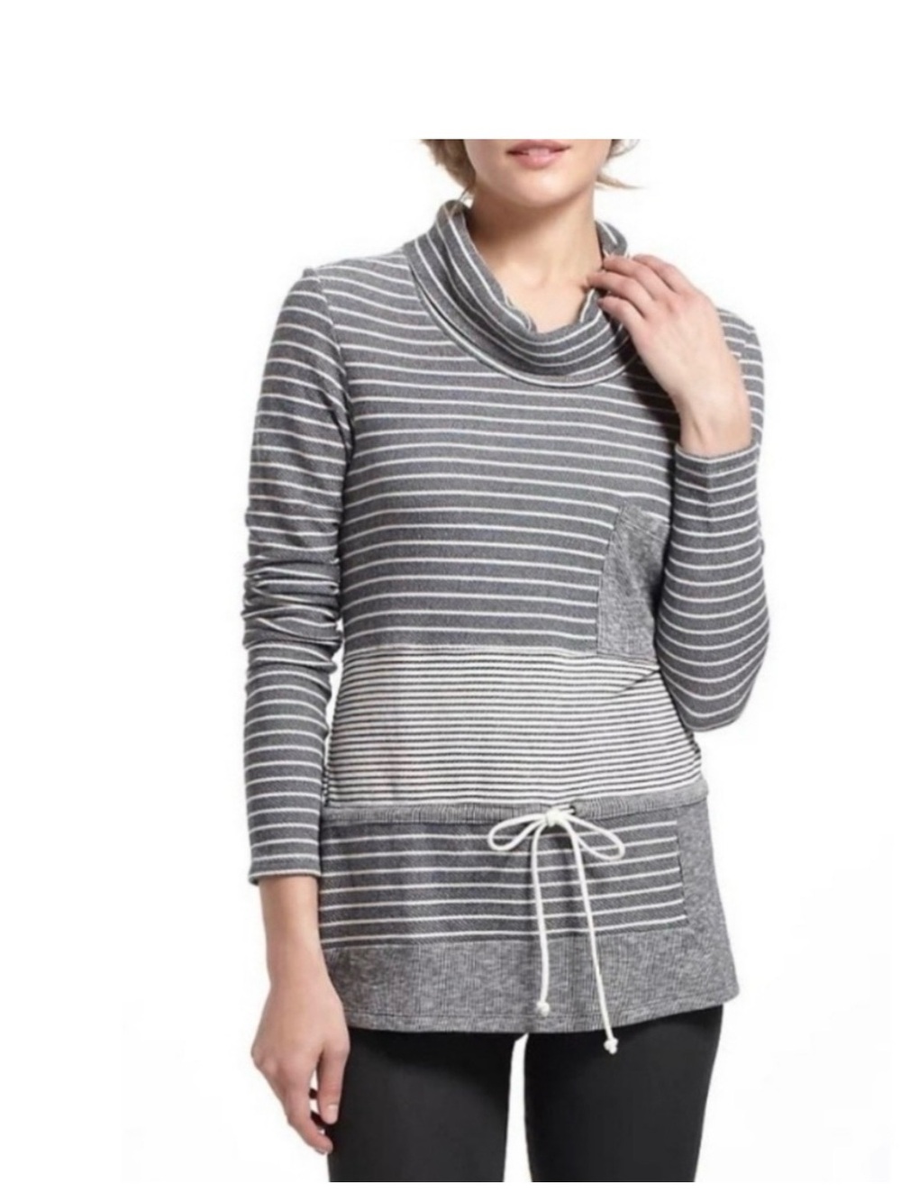 Saturday Sunday Women's Gray Striped Cowl Neck Drawstring Sweater Anthropologie